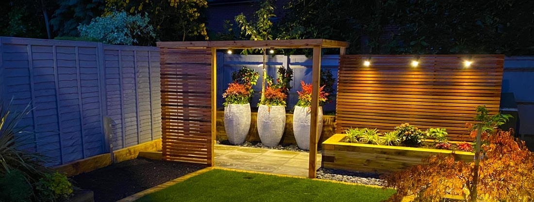 Cedar pergola and screening with lighting 