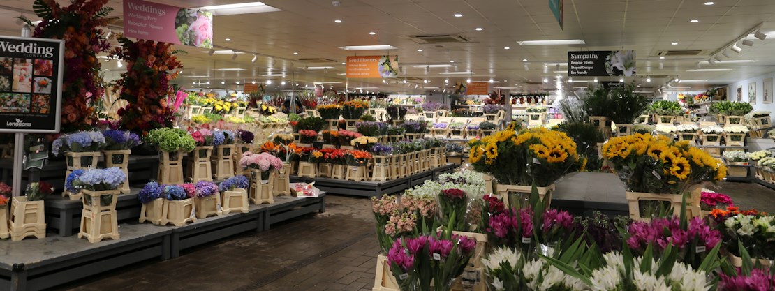 Longacres Bagshot large flower shop filled with individual cut flower bunches