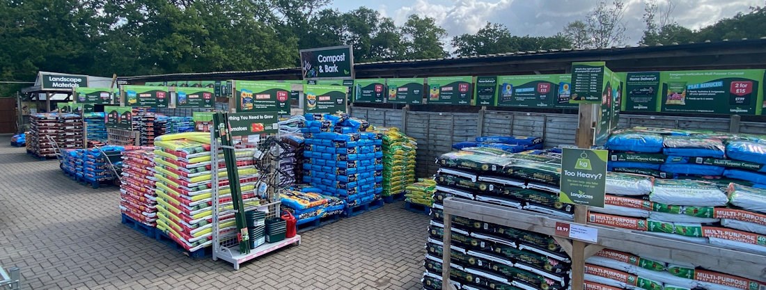 Longacres Bourne Valley compost and bark department with pallets of stock
