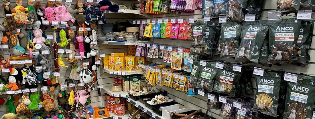 Longacres Bourne Valley pet department with dog toys and dog treats
