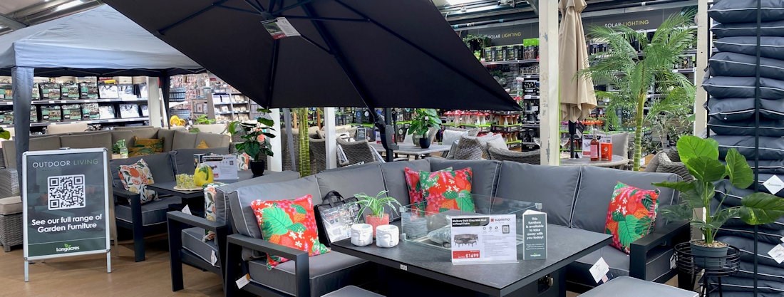Longacres Bourne Valley furniture department with display furniture and parasols to purchase