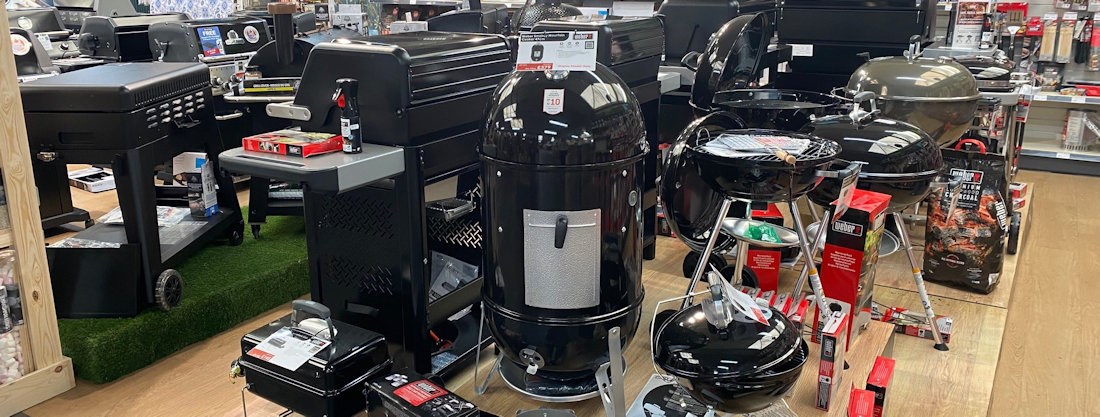 Longacres Bourne Valley Weber barbecue display filled with bbqs and accessories