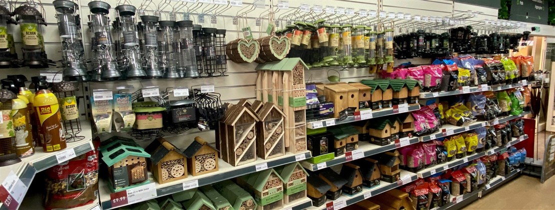 Longacres Bourne Valley wild bird department filled with bird food, feeders and accessories