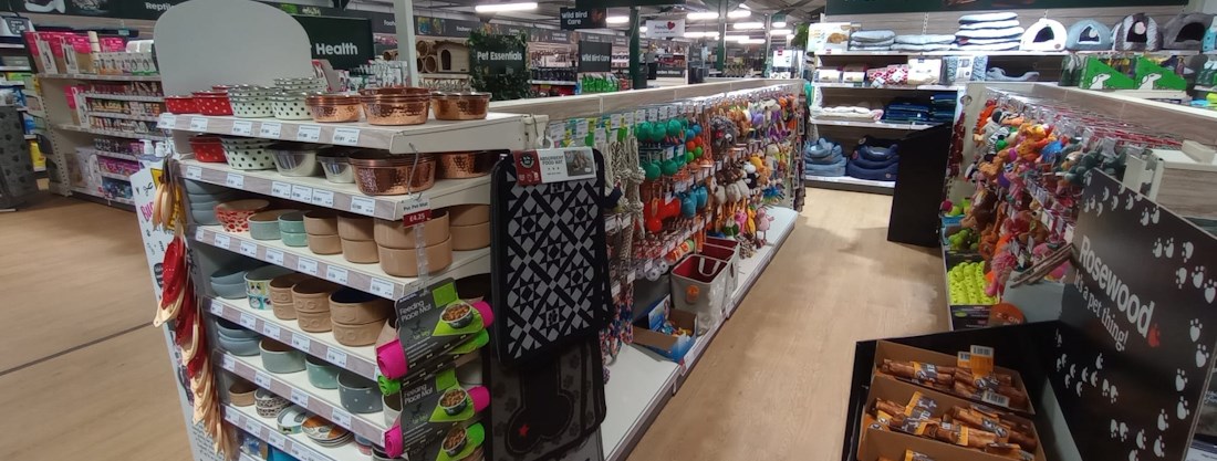 Longacres Chelmsford pet department with pet food, toys and accessories