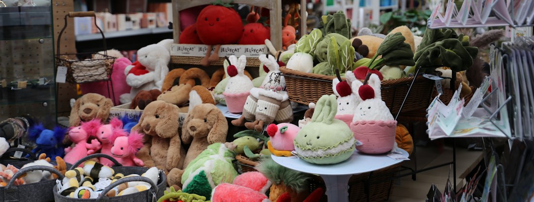 Longacres Chobham JellyCat display filled with brightly colour soft toys for gifts or collectables