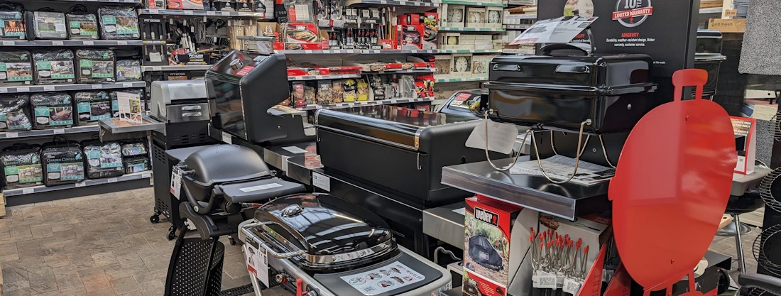 Longacres Shepperton barbecue area with display barbecues and accessories