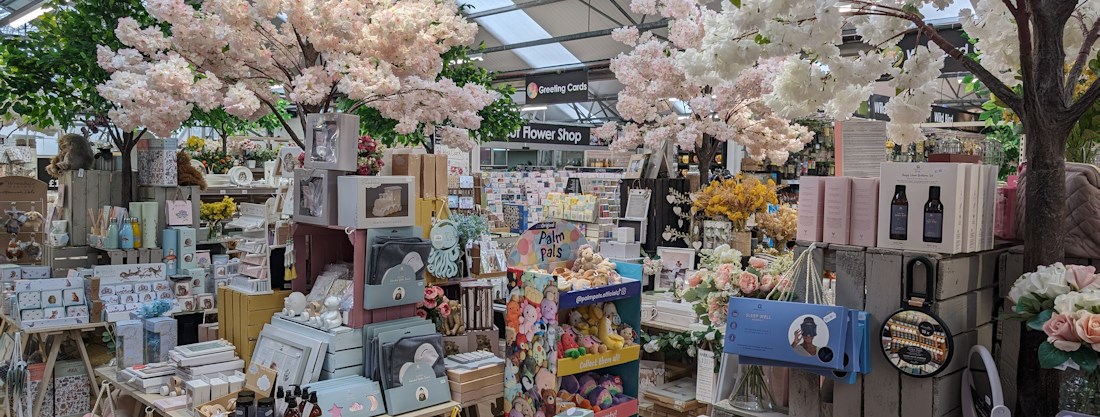 Longacres Shepperton giftware department with artificial blossom tree displays and gift ideas