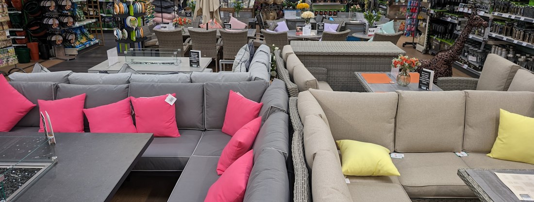 Longacres Shepperton outdoor furniture department with display furniture and garden decorations