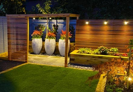 Cedar pergola and screening with lighting 