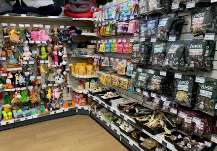 Longacres Bourne Valley pet department with dog toys and dog treats