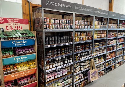 Longacres Bourne Valley Farm Shop with shelves full of quality jams and chutneys