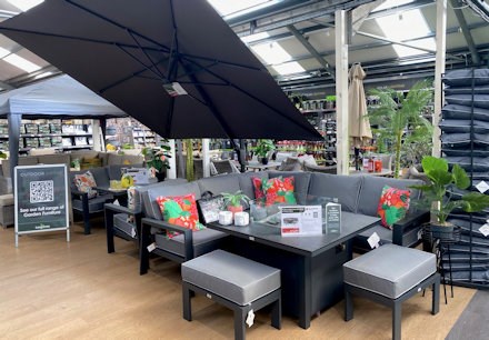 Longacres Bourne Valley furniture department with display furniture and parasols to purchase