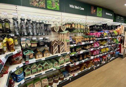 Longacres Bourne Valley wild bird department filled with bird food, feeders and accessories