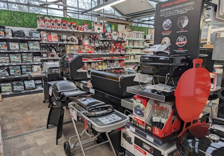 Longacres Shepperton barbecue area with display barbecues and accessories