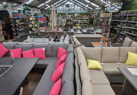 Longacres Shepperton outdoor furniture department with display furniture and garden decorations