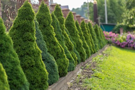 image of a row of green conifers in the garden