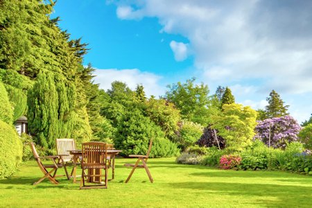 image of a large green open space with a wooden gardn dining table