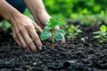 image of a pair of hands planting a plant into soil on the ground