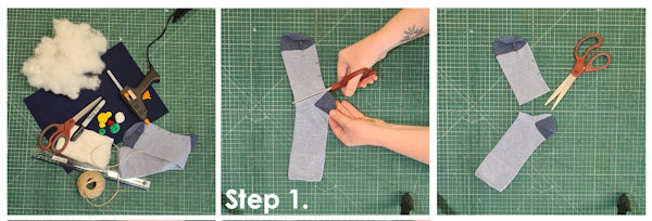 image showing step 1, cutting the sock to make the start of the gonk body