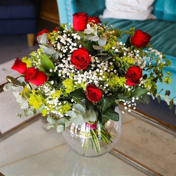 12 Long Stem Red Roses & Gypsophila Hand Tied Bouquet