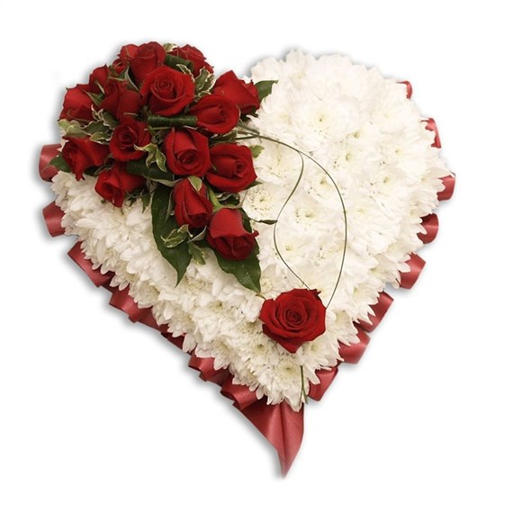 With Sympathy Flowers - Chrysanthemum Based Heart Edged with Red Ribbon 15 inch