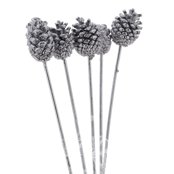 Cones Sprayed (x 5 Individual Stems) - Silver
