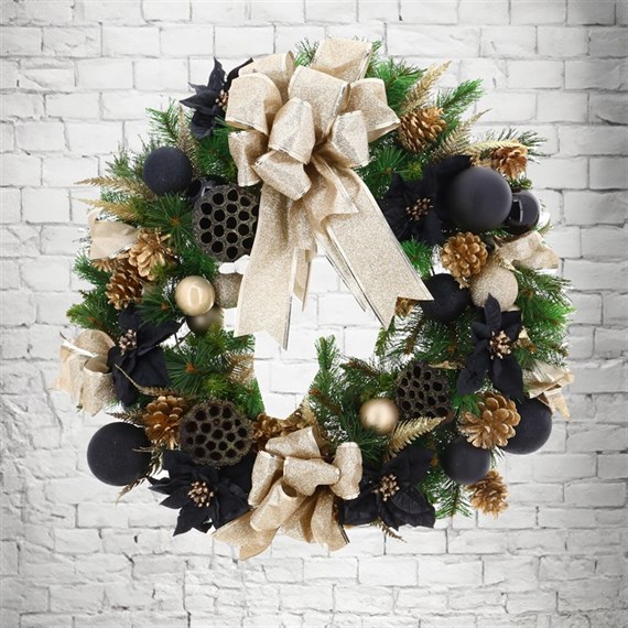 Artificial Christmas Decorated Door Wreath 24 Inches  - Black and Gold