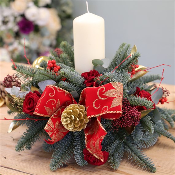 Christmas Gold & Red Posy with Candle