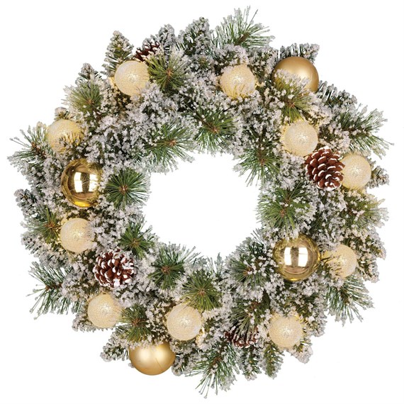 Edelman 45cm Green Frosted Pre Lit Artificial Christmas Wreath with Gold Baubles & Pine Cones (1183904)