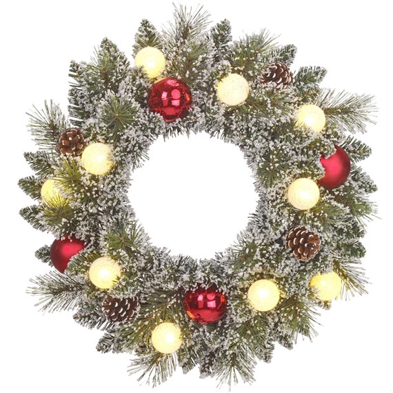 Edelman 45cm Green Frosted Pre Lit Artificial Christmas Wreath with Red Baubles & Pine Cones (1166289)