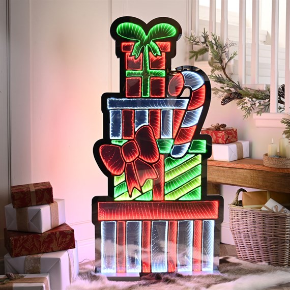 Festive 120cm Infinity Light Up Christmas Candy Cane Presents Stack Decoration (P058148)