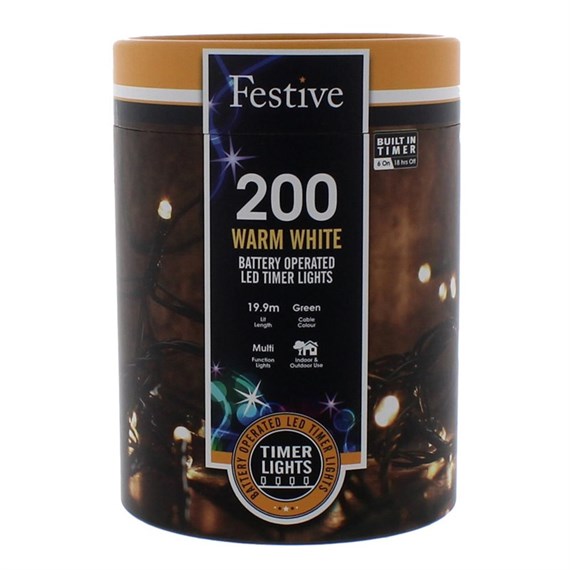 Festive 200 Battery Operated Timer String Christmas String Lights - Warm White (P032204)