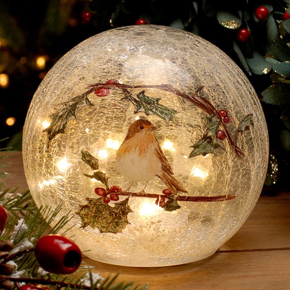 Festive 20cm Battery Lit Crackle Effect Robin Ball Light Up Christmas Decoration (P041981)