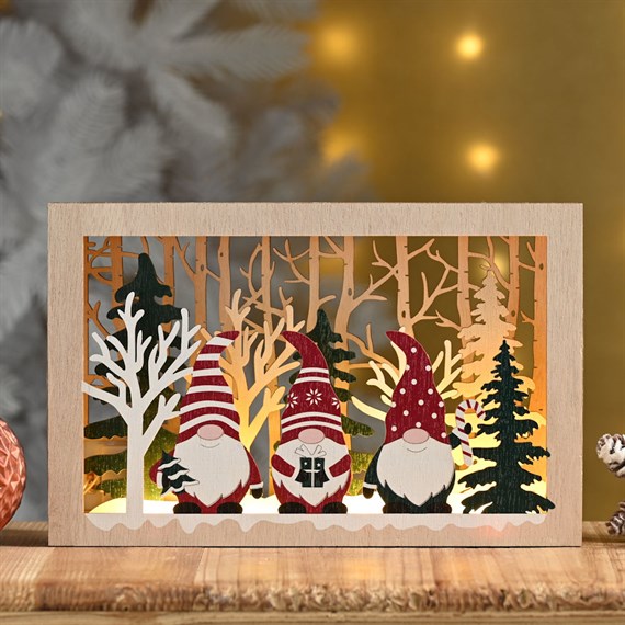 Festive 28cm Light Up Christmas Wooden Woodland Gonks Scene Decoration (P048841)