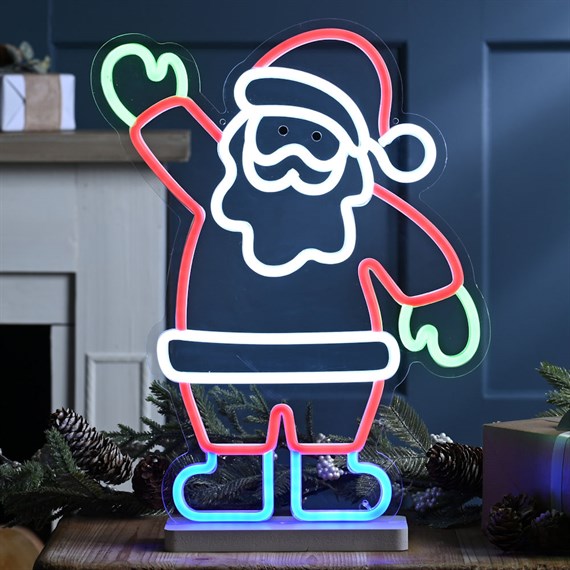 Festive 33cm X 42cm Neon Flex Light Up Waving Santa Christmas Decoration On Base (P053592)