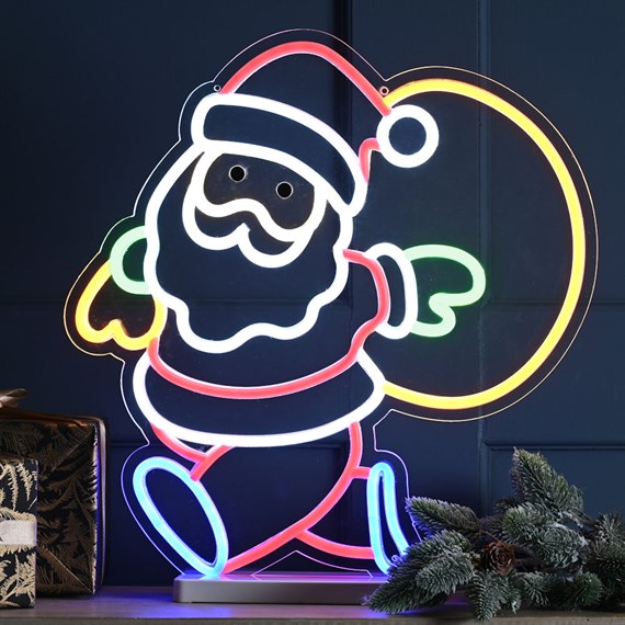 Festive 45cm Neon Effect Light Up Santa With Sack Christmas Decoration On Base (P057664)