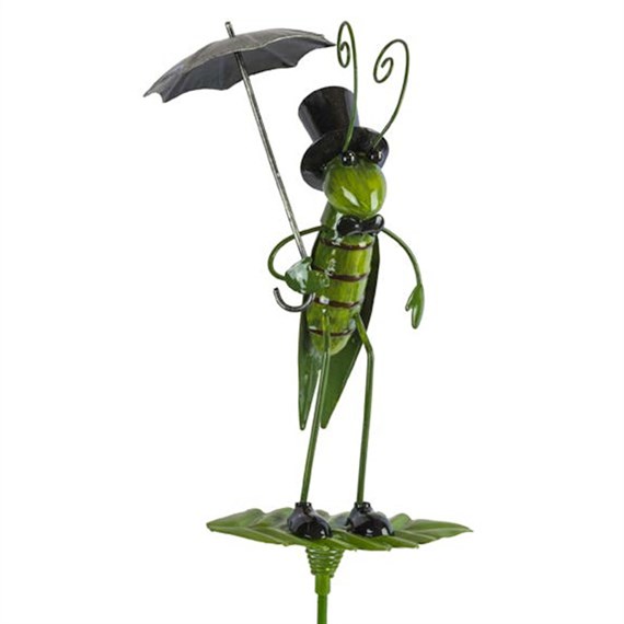 Fountasia Garden Stake - Grasshopper With Umbrella On Spring Leaf Stake (93962)