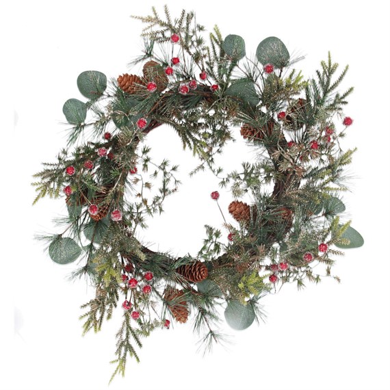 Gisela Graham Christmas 50cm Eucalyptus, Fir, Red Berry & Twig Artificial Christmas Wreath (41031)