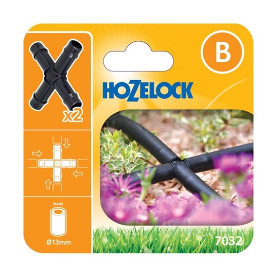 Hozelock Irrigation Cross Connector 13mm Tube (2 pack) (7032 0002)