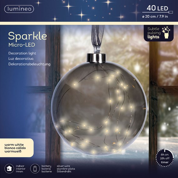 Kaemingk 20cm Sparkle LED Light Up Hanging Anthracite Christmas Globe (9489468)