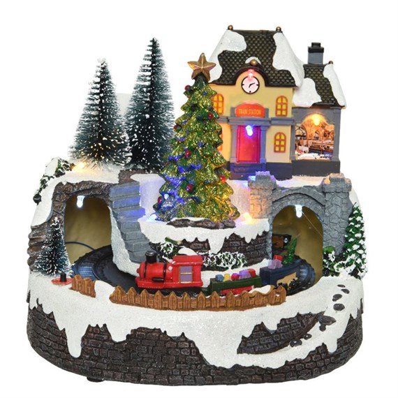 Kaemingk Animated Light Up Train Station Christmas Village Scene 19cm (484378)