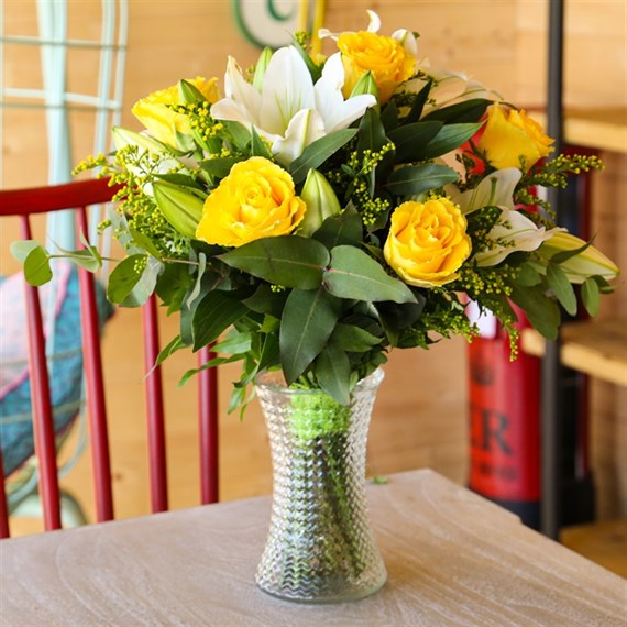 White Lilies & Yellow Roses Cut Flower Hand Tied Bouquet