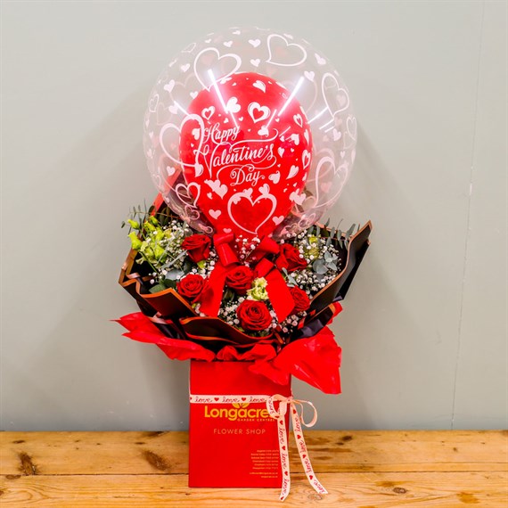 Love In The Air Valentine's Day Hand Tied Floral Bouquet With Balloon