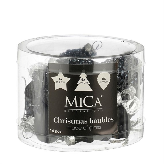 Mica Black Glass Mixed Christmas Baubles (14 Pack of 9cm) (1181134)