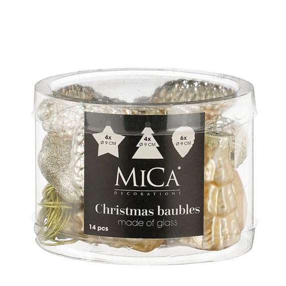 Mica Champagne Glass Mixed Christmas Baubles (14 Pack of 9cm) (1180968)