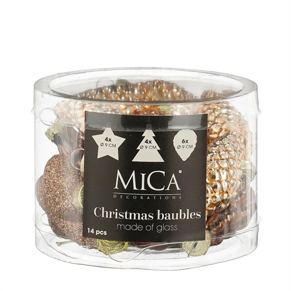 Mica Copper Glass Mixed Christmas Baubles (14 Pack of 9cm) (1180837)