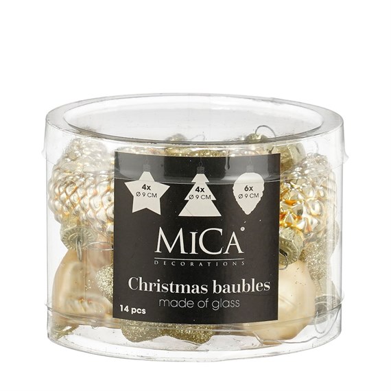 Mica Gold Glass Mixed Christmas Baubles (14 Pack of 9cm) (1180870)