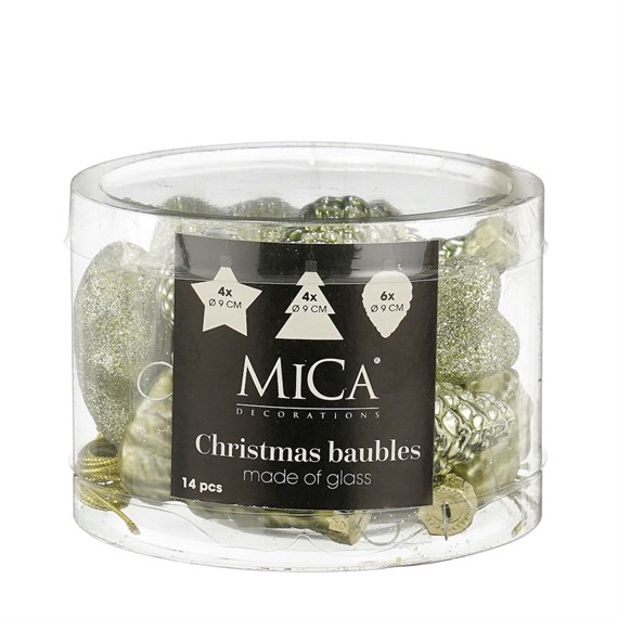 Mica Light Green Glass Mixed Christmas Baubles (14 Pack of 9cm) (1181133)