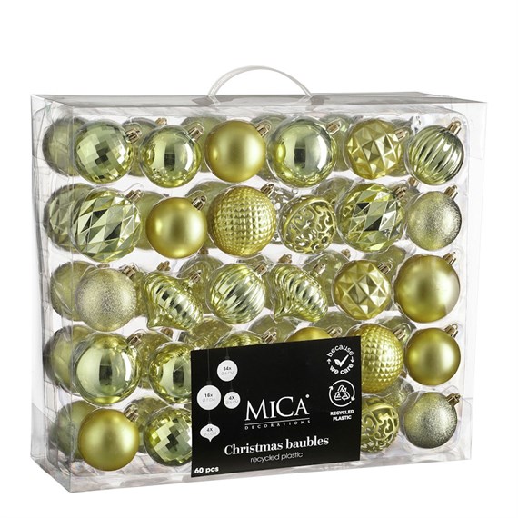Mica Light Green Unbreakable Mixed Christmas Bauble (60 Pack of 7cm) (1182028)