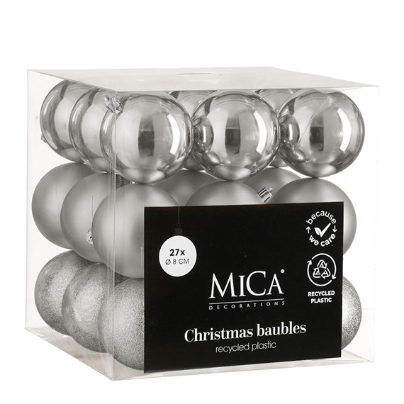 Mica Silver Unbreakable Christmas Baubles (27 Pack of 8cm) (1181980)